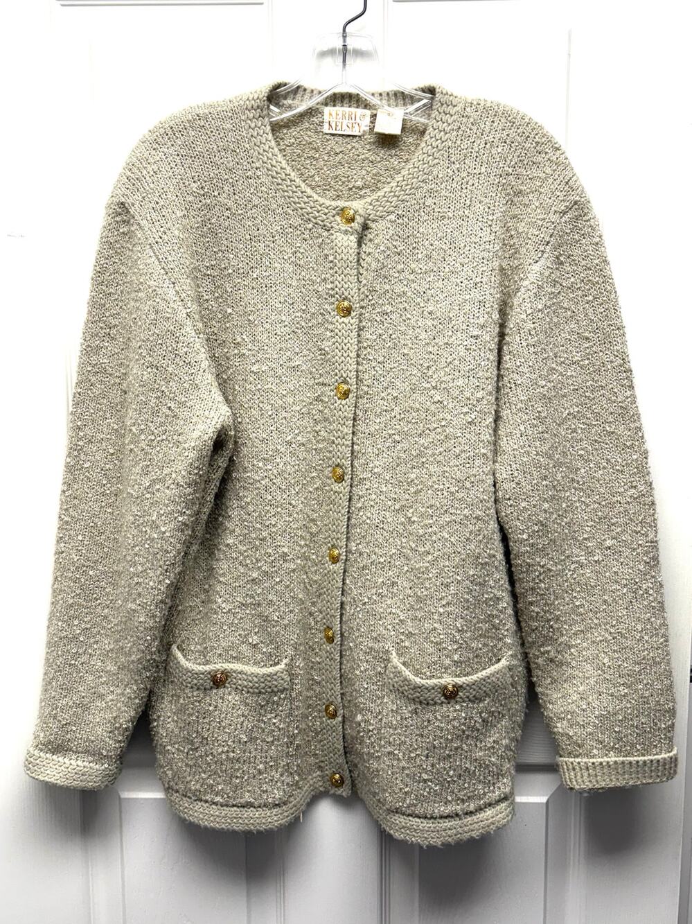 Kerri & Kelsey Sweater Vintage Boucle Cardigan Taupe Beige Crest Buttons Size L